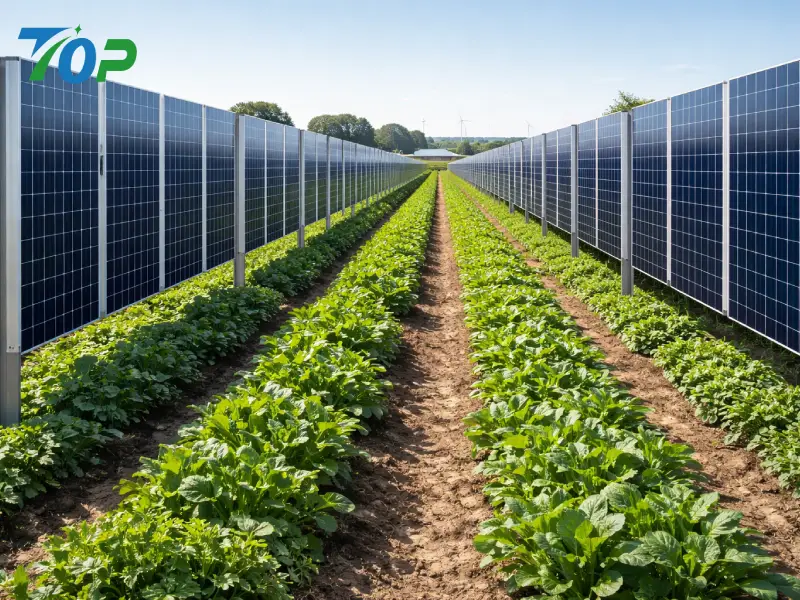 Vertical solar fence system used in agricultural field for dual land use