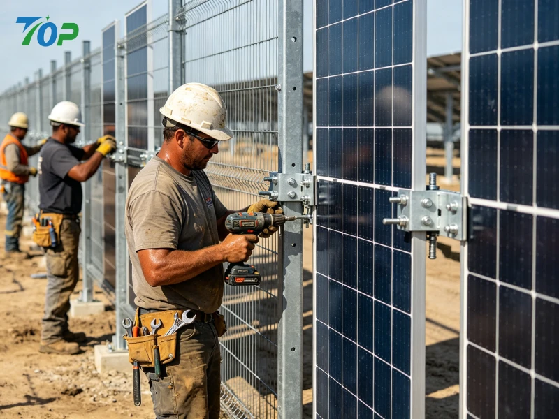 Workers installing solar fence system with visible mounting structure and tools