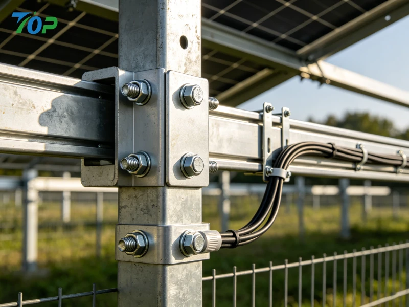 Close-up of solar fence mounting structure with aluminum and stainless steel components