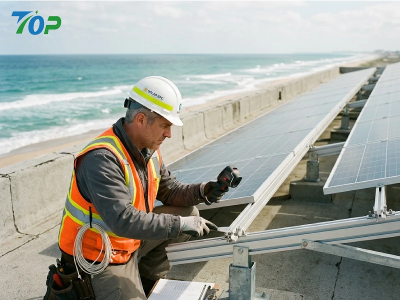 engineer inspecting coastal solar mounting system for corrosion and structural integrity engineer inspecting coastal solar mounting system for corrosion and structural integrity